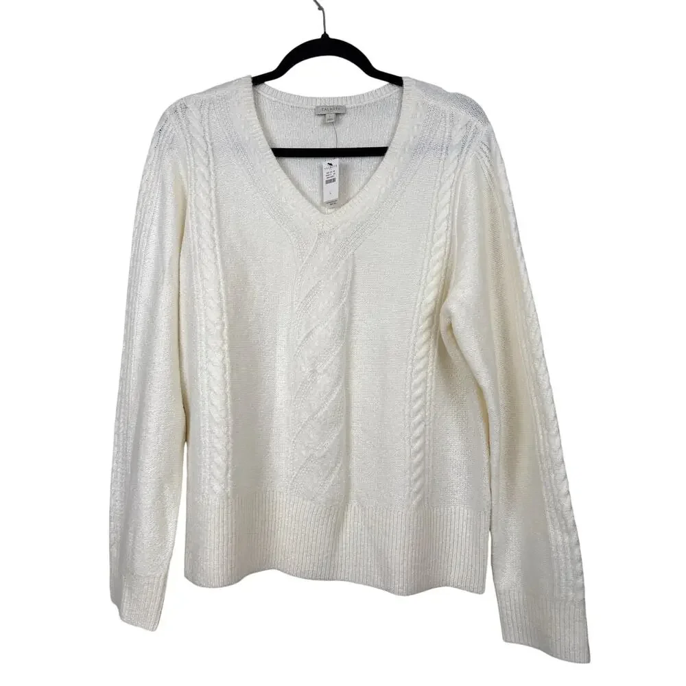Talbots Womens L Cream Cable Knit Preppy Pullover Sweater Cozy Chic NWT